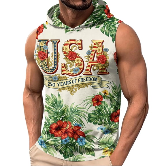 GrmtClth Usa Flag Hooded Tank Tops for Men Independence Day 1776-2026 Slim Fit Gym Hoodies Sleeveless Trendy Muscle Shirt Athletic Bodybuilding Clothes Green 3XL