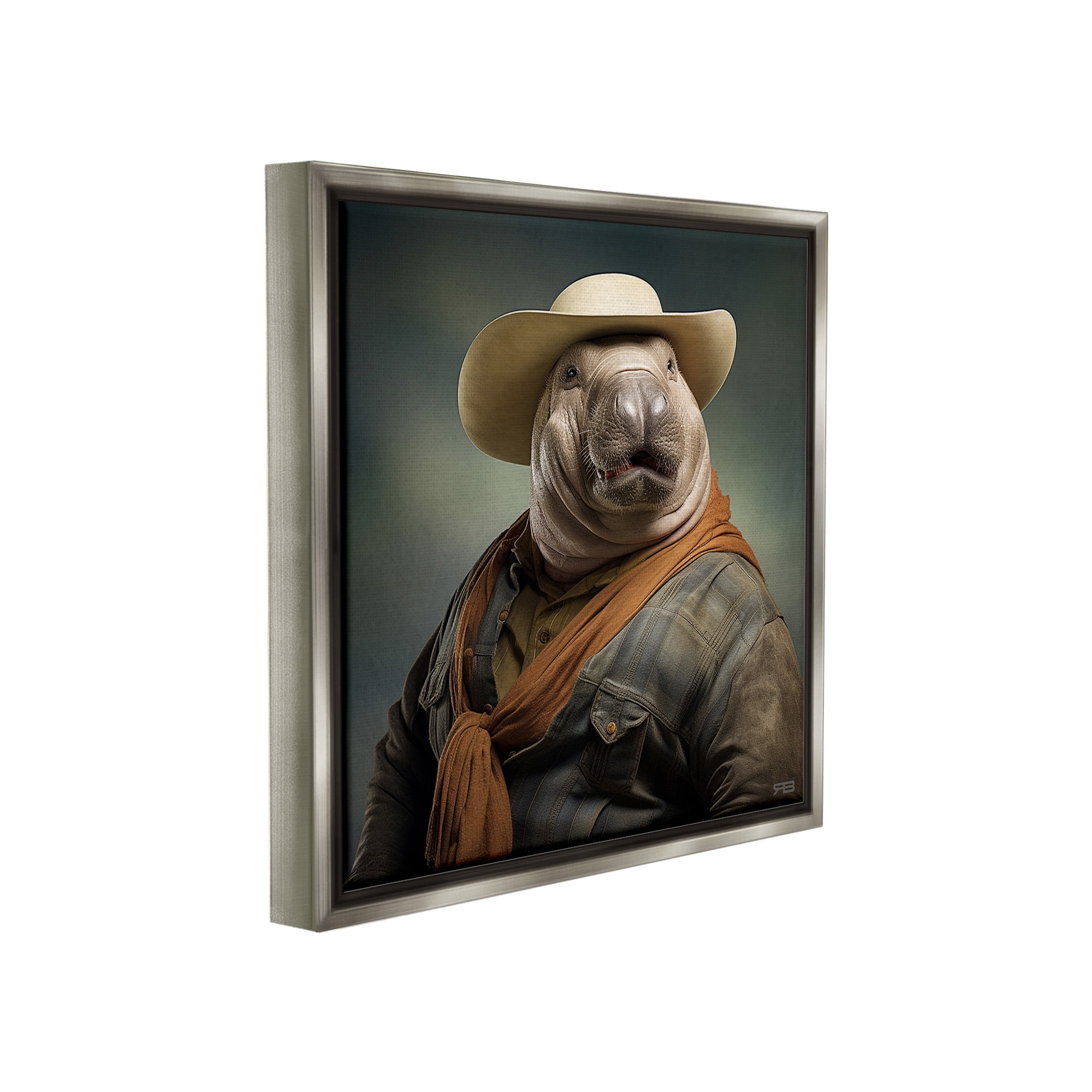 Stupell Industries Cowboy Manatee Portrait Animals & Insects Painting Gray Floater Framed Canvas Art Print Wall Art, 25 x 25