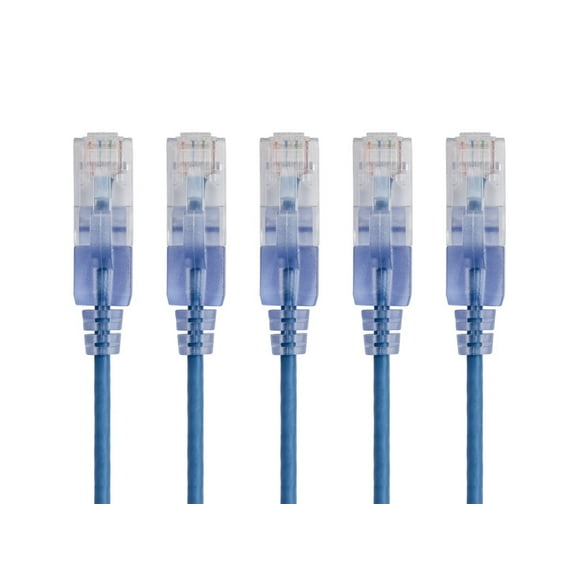 Monoprice SlimRun Cat6A Ethernet Patch Cable - Network Internet Cord - RJ45, Stranded, UTP, Pure Bare Copper Wire, 30AWG, 6in, Blue, 5-Pack
