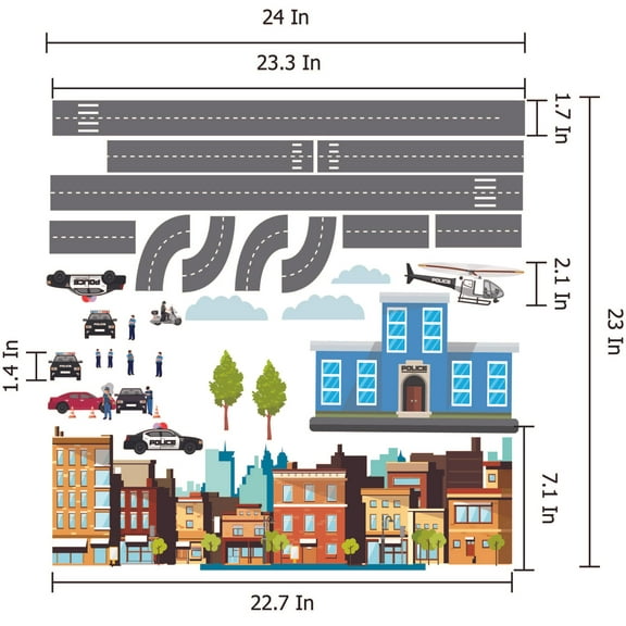 THE CITY - Kids Bedroom Removable Art City Police Station Multicolored Decoration Vinyl Wall Decal Sheet - DIY Police Station Art Stick And Peel Repositionable Adhesive Wall Decor Sticker 24" x 23"