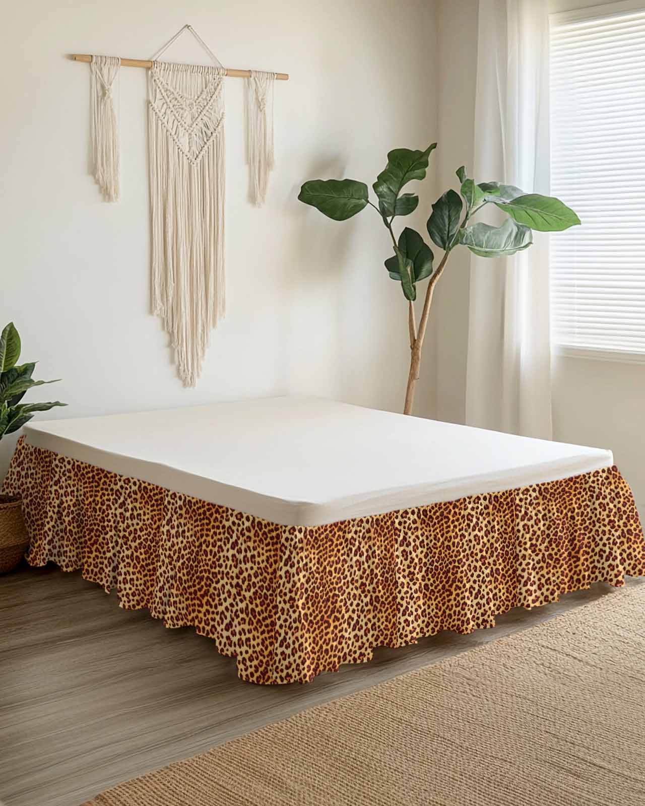 Wild Leopard Bed Skirt Animal Skin Pattern Vintage Leopard Bed Skirts Queen Size 16 Inch Drop, Wrap Around Dust Ruffle&nbsp;Bedskirt with Adjustable Elastic Belt for Queen Size Beds