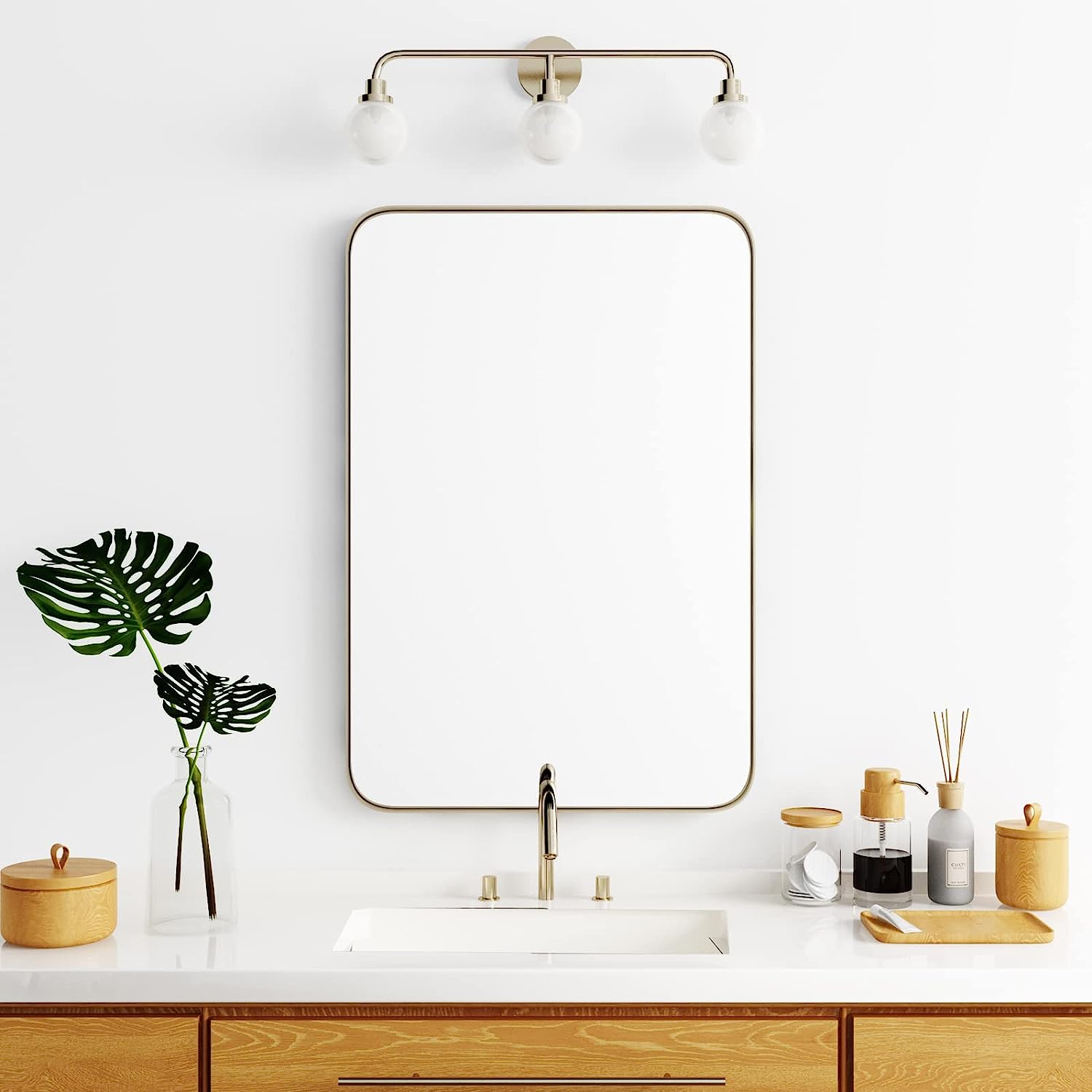 Modern Bright Gold Bathroom Mirror (24"x 36"), Brush Gold Mirrors for