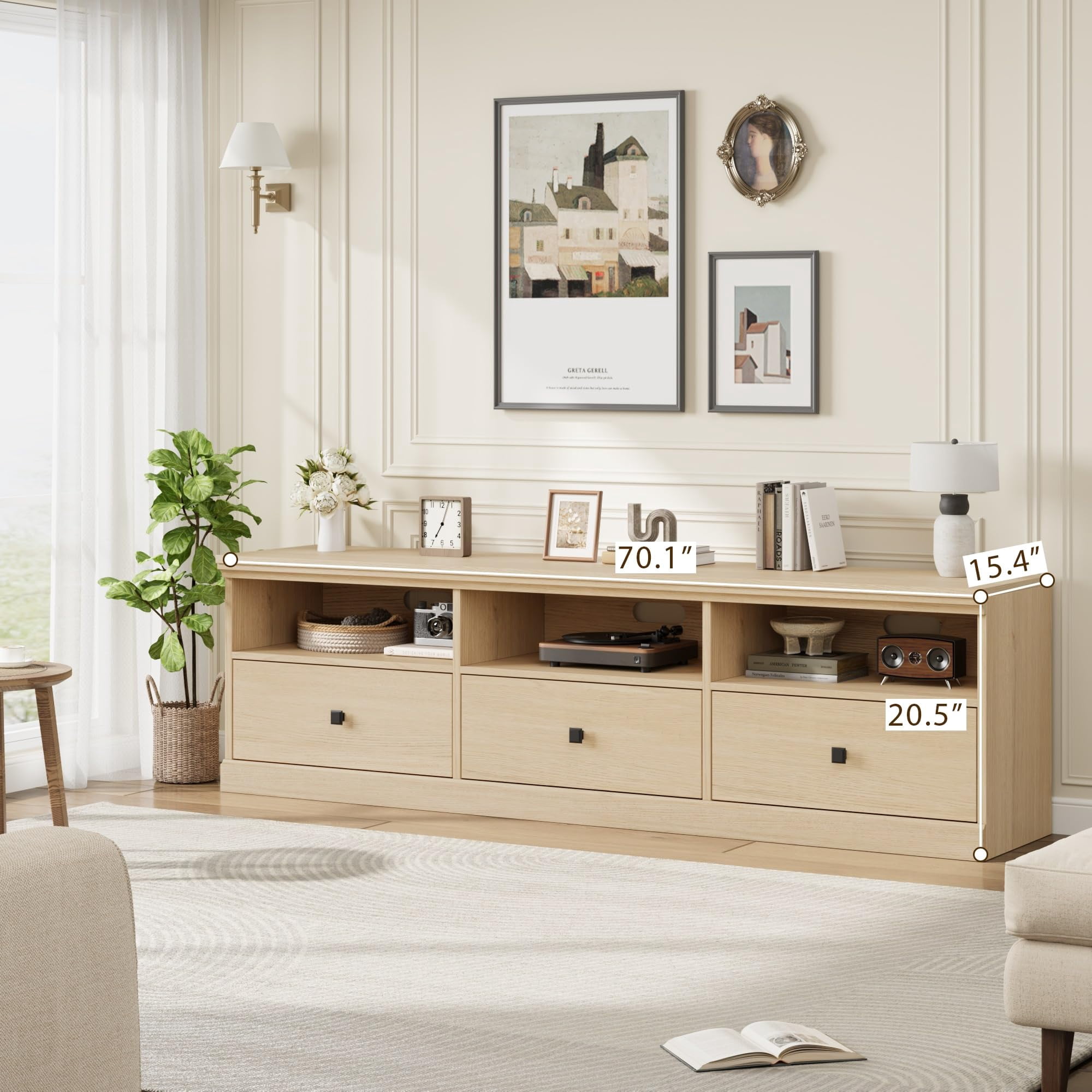 TV Stand for 75inch TV, Modern Mid Century Entertainment Center, with Storage Drawer and Open Shelves, Wooden for Living Room, Bedroom