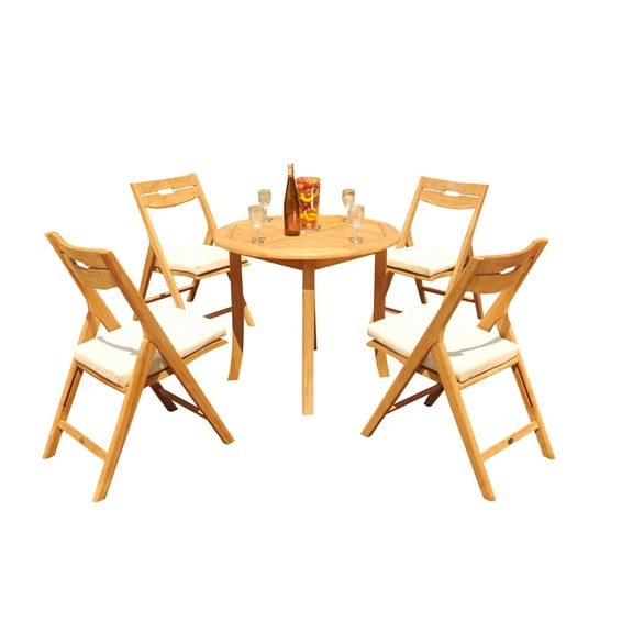 Grade-A Teak Dining Set: 4 Seater 5 Pc: 36" Round Table And 4 Surfliner Folding Reclining Arm Chairs Outdoor Patio WholesaleTeak #51SL0705