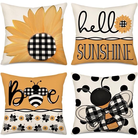 4 Pack Summer Sunflower Bee Pillow Covers 18x18 Hello Sunshine Yellow Throw Pillow Covers Polka Dot Summer Seasonal Cushion Case for Sofa Couch Home Decorations