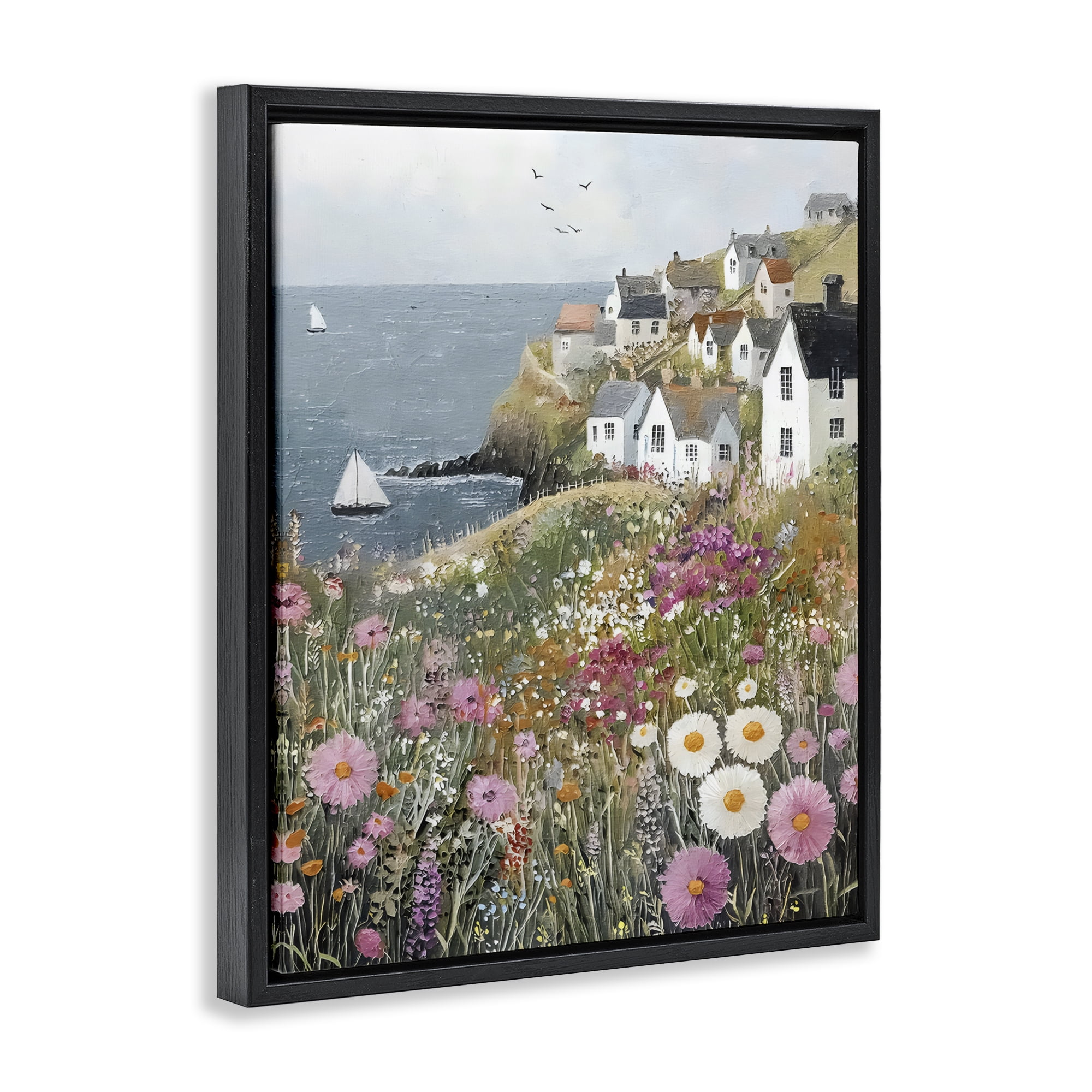 Stupell Industries Pink Meadow Overlooking Sailboats Black Framed Floater Canvas Wall Art, design by Riley B