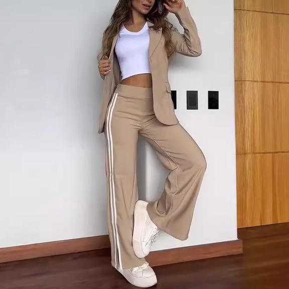 BAETEUY 2pcs Women's Formal Coat and Pants Set, Turn-Down Collar Jacket, Loose Striped Wide Leg Slit Trousers, Casual Daily Wear, Commuting Outfit