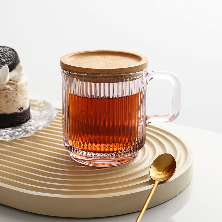 Lysenn Iridescent Glass Coffee Mug with Lid - Premium Classical Vertical  Stripes