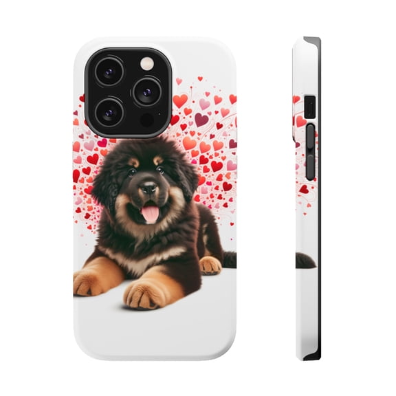 DistinctInk Tough Case for Apple iPhone 15 Pro MAX (6.7" Screen), Compatible with MagSafe Charging - Valentine's Day Tibetan Mastiff Puppy