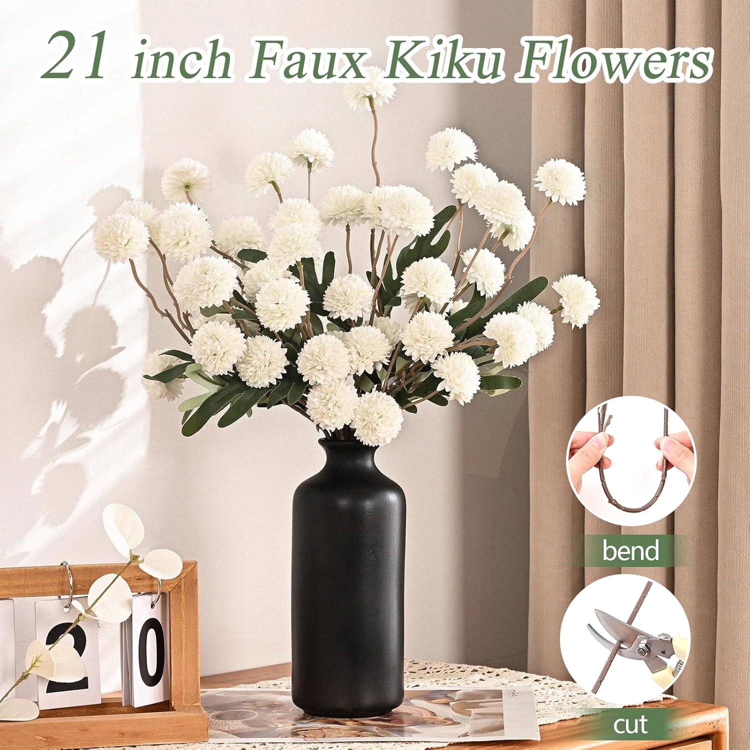 Yastouay 12Pcs Fake Chrysanthemum Flowers,21in Faux Kiku Flowers Silk Pompon Mums for Home Table Wedding Arrangements,White
