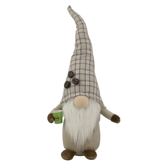 Northlight 14" Beige Plaid Coffee Bean Gnome with Coffee Cup