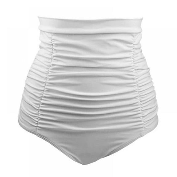 PRAETER Women's and Women's Plus High Waist Bikini Bottom Solid Pleated Swimming Briefs Shorts White 2XL