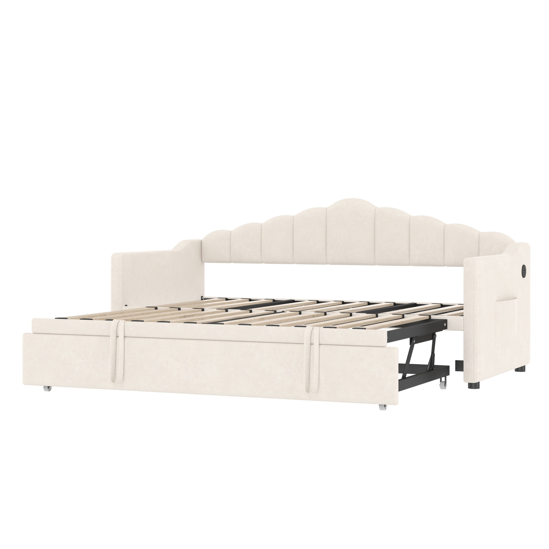 Noble House Twin Upholstered Daybed with Pop-Up Trundle, USB and Type-C Charging Ports, Beige