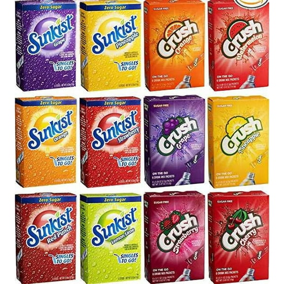 Crush and Sunkist Sugar Free Drink Mix Variety Pack of 12 - 1 Box of Each Flavor Drink Mix Packets - Drink Mix For Water Flavoring
