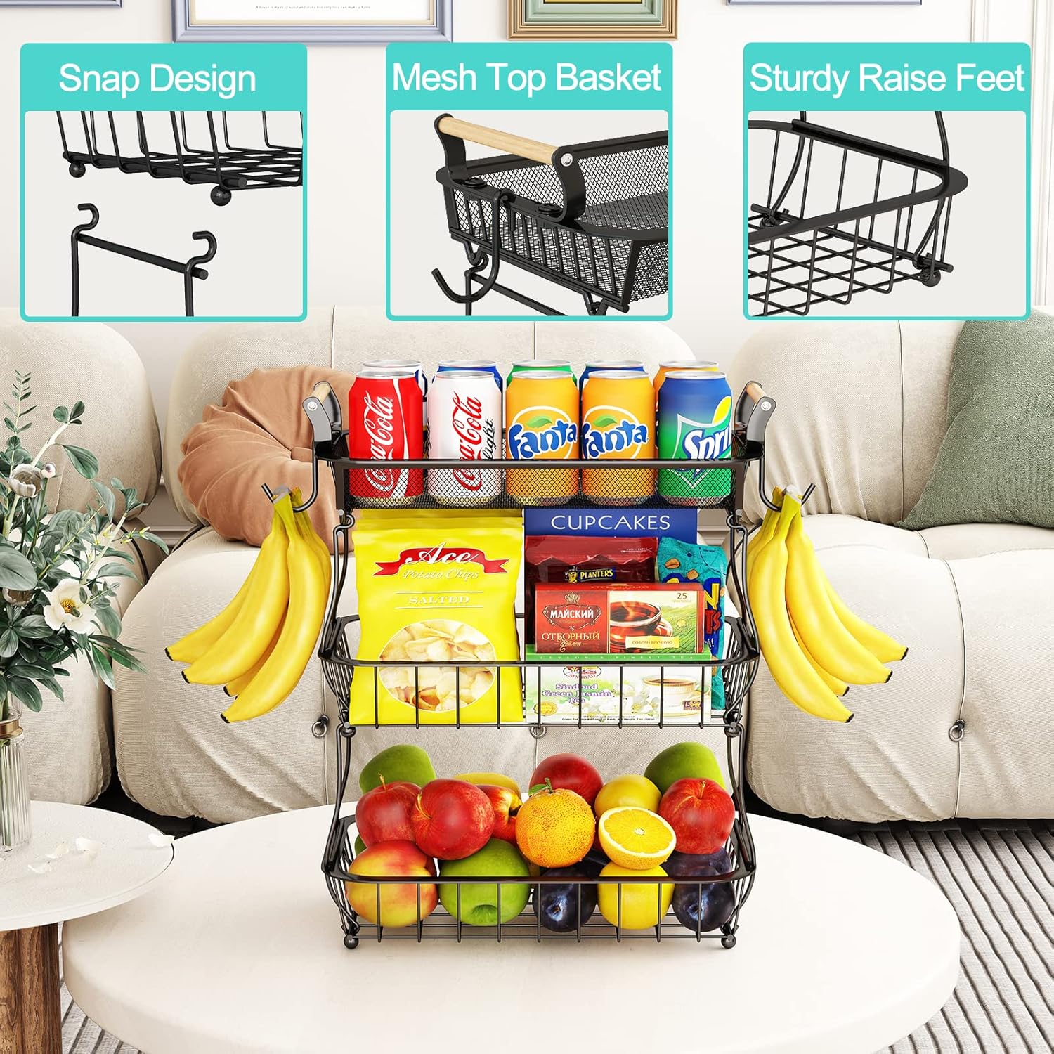 Fruit Basket 3 Tier with 2 Banana Hangers, Countertop Fruit Vegetable Basket Bowl for Kitchen Counter Metal Mesh Basket Fruits Stand Produce Holder Organizer for Onion Potato Bread Snack Veggie