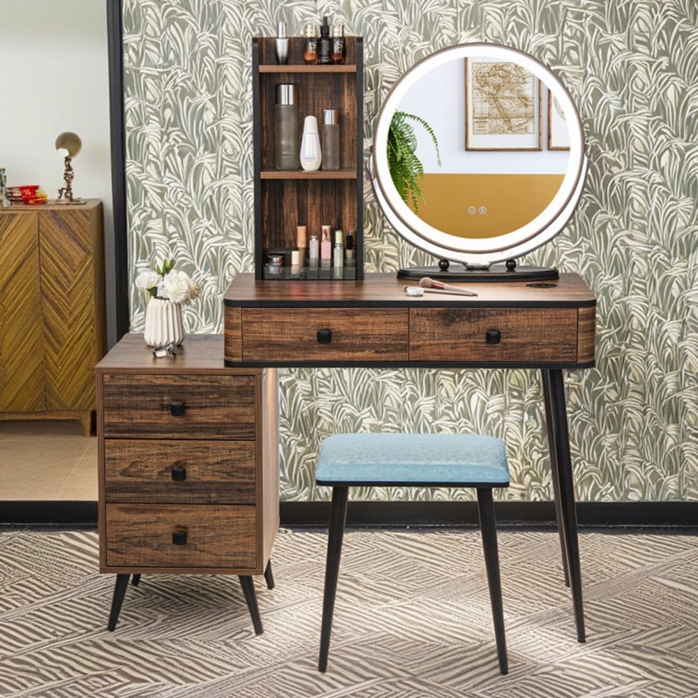 Resenkos Modern Vanity Desk Set with LED Lighted Mirror, 5 Storage Drawers and 3 Display Shelves, Makeup Vanity with Cushioned Stool for Bedroom Brown Resenkos Modern Vanity Desk Set with LED Lighted Mirror, 5 Storage Drawers and 3 Display Shelves, Makeup Vanity with Cushioned Stool for Bedroom Brown