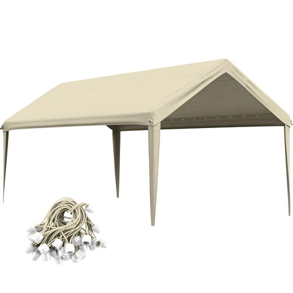 Pakunoda 10' X 20' Carport Canopy Replacement Cover, Portable Car Garage Shelter Party Top Tent with 34PC Ball Bungees, Cream (Only Cover, Frame Not Included)