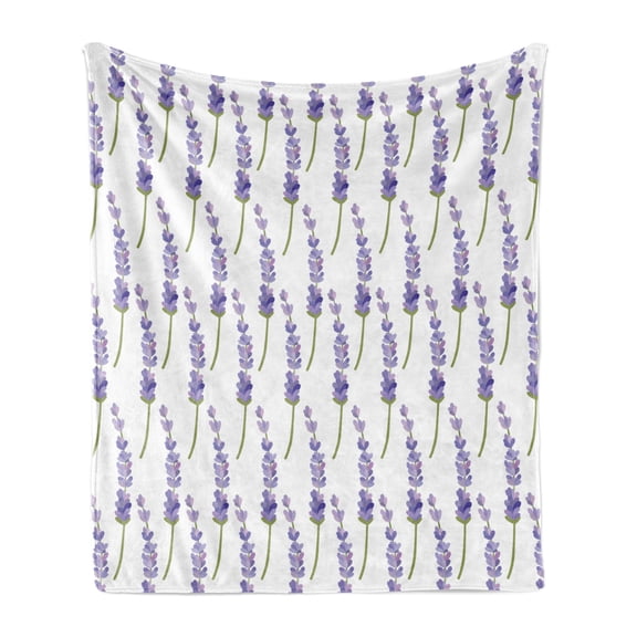 Violet Soft Flannel Fleece Blanket, Garden Spring Flower Related Continuous Isolated Lavender Lilac Illustration, Cozy Plush for Indoor and Outdoor Use, 50" x 60", White Mauve Khaki, by Ambesonne