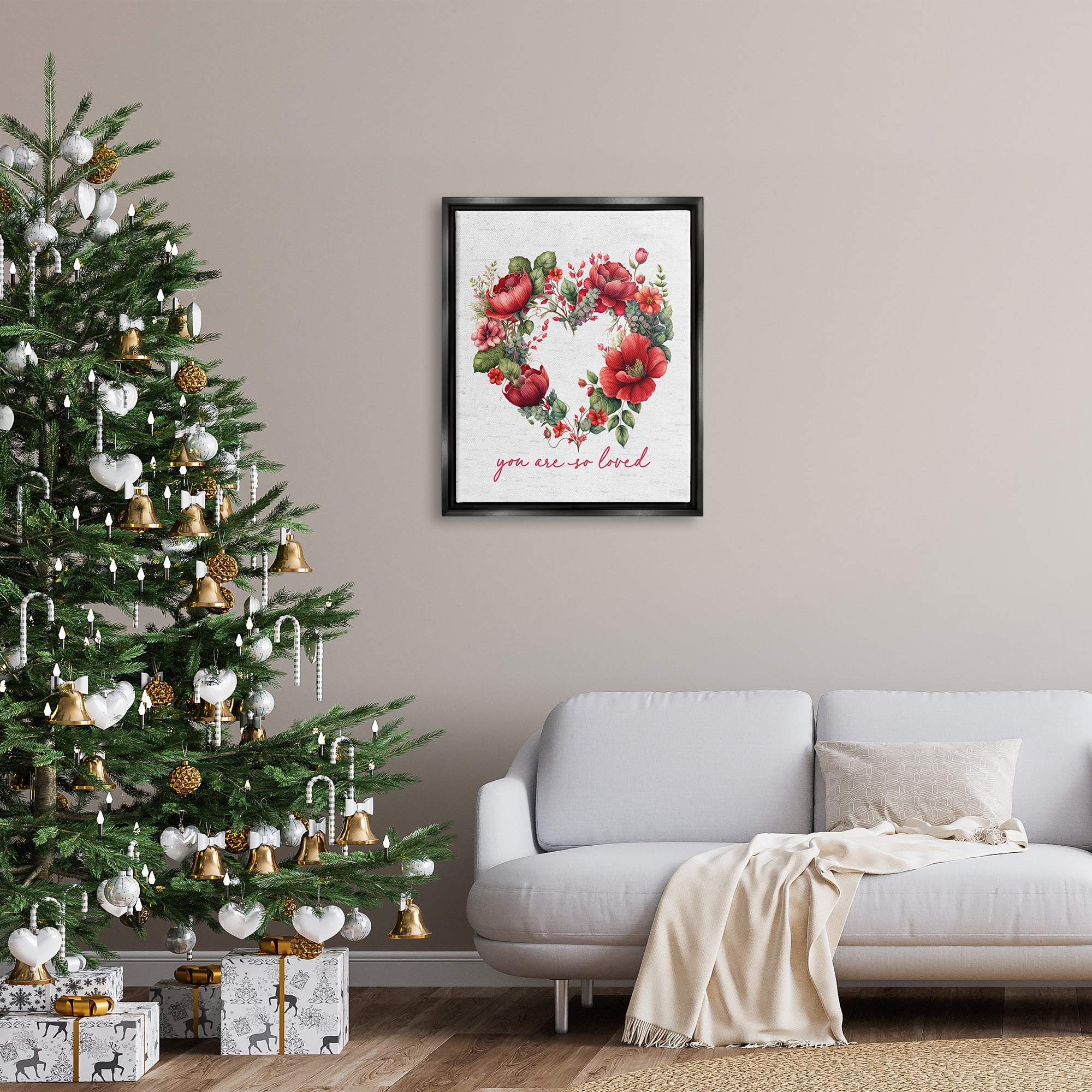 Stupell Industries Valentine's Heart Shaped Wreath Botanical & Floral Painting Black Floater Framed Canvas Art Print Wall Art, 25 x 31