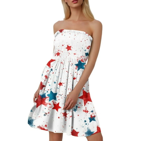 CHCNHAC 4th Of July Summer Dresses for Women 2025 Stars and Stripes Print Dresses Patriotic Trendy Flowy Swing Strapless Prom Dress Royal Blue M