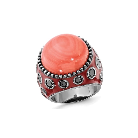 Red Enameled Sterling Silver With Synthetic Coral and Black Synthetic Cubic Zirconia (CZ)s Cocktail Ring with Cubic Zirconia (CZ)s (CZ) for Women