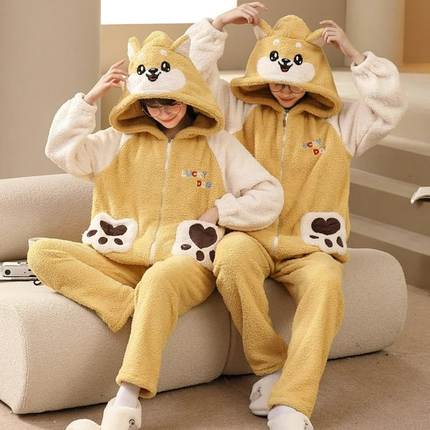 Conjuntos de pijamas de franela gruesa para parejas ropa de dormir de felpa con cremallera sudaderas con capucha de gato de dibujos animados para amantes de los hombres y mujeres invierno