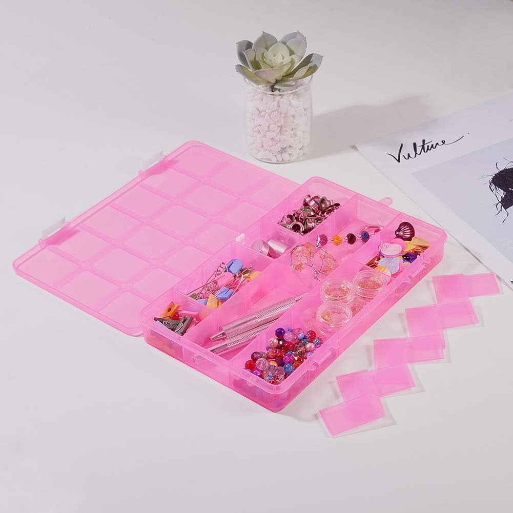 4 Pack 18 Grids Large Pink Transparent Plastic Storage Box Bead Organizer with Adjustable Dividers for Jewelry Beads Tools Craft Accessories and Other Small Items - 9.4x5.7x1.18 Inch Making DIY