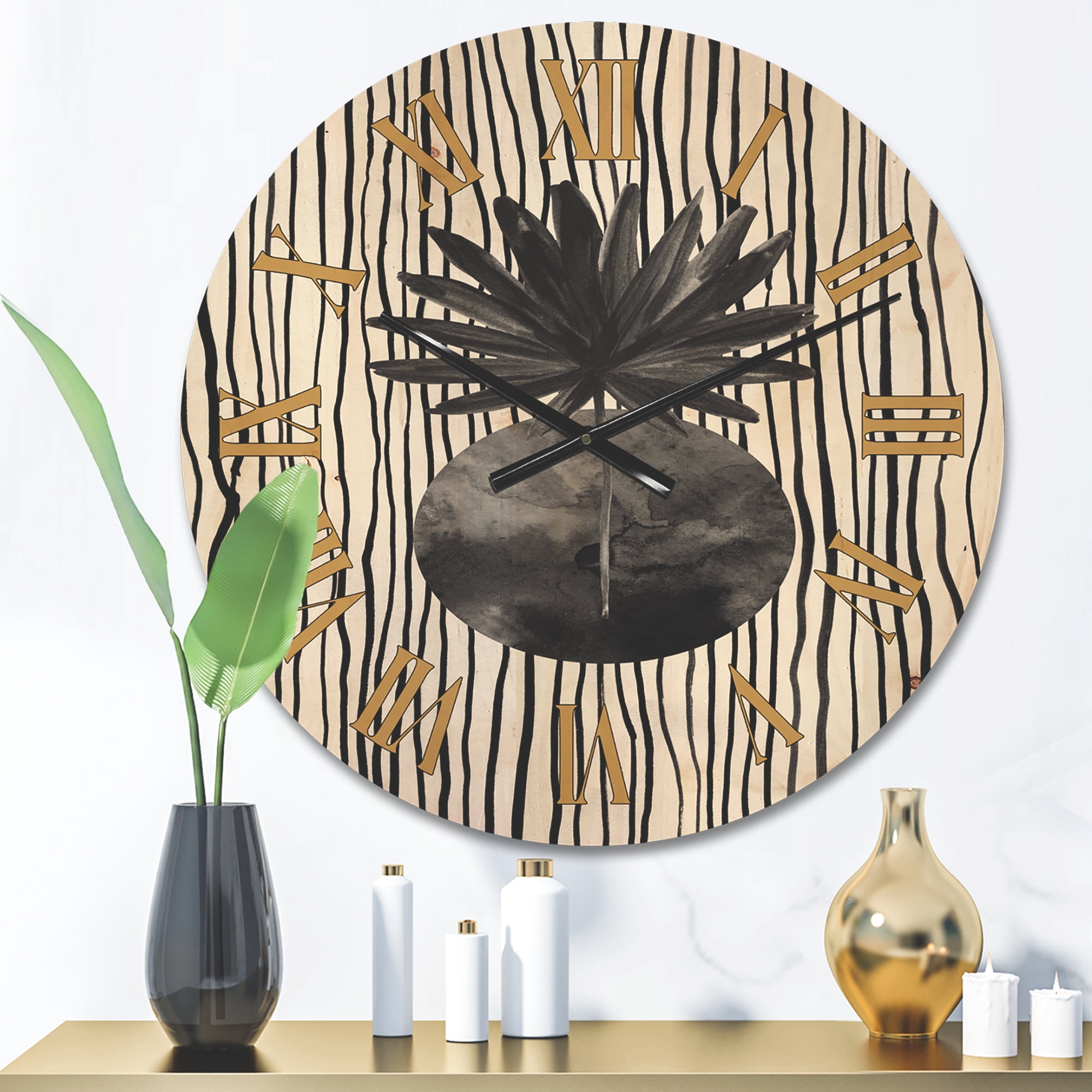 Designart 'Black and White Striped Under Tropical Leaf I' Modern Wood Wall Clock