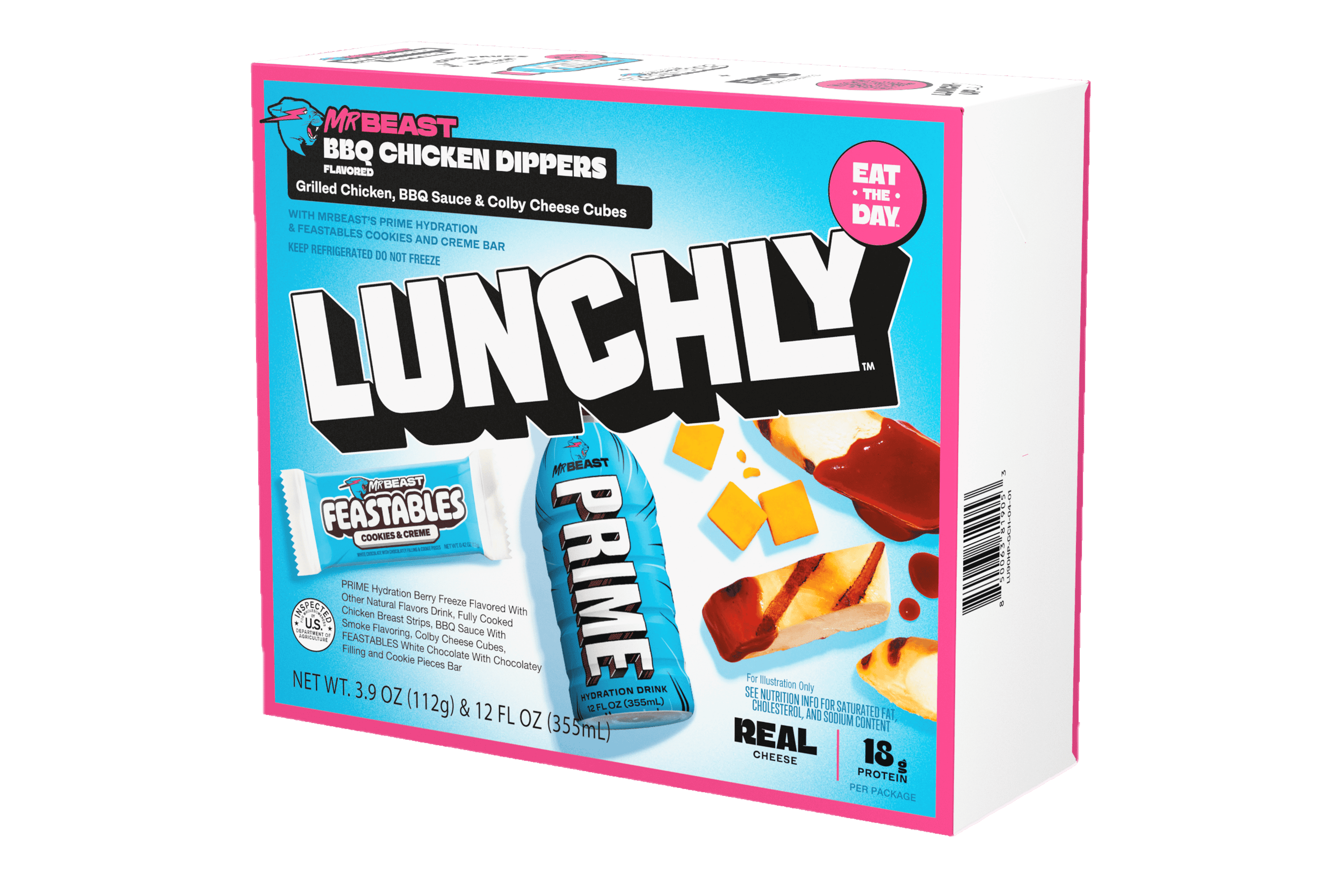 LUNCHLY Meal Kit, MrBeast BBQ Chicken Dippers with Feastables Chocolate and Prime Hydration, 18g Protein, Refrigerated, 1 Meal Kit