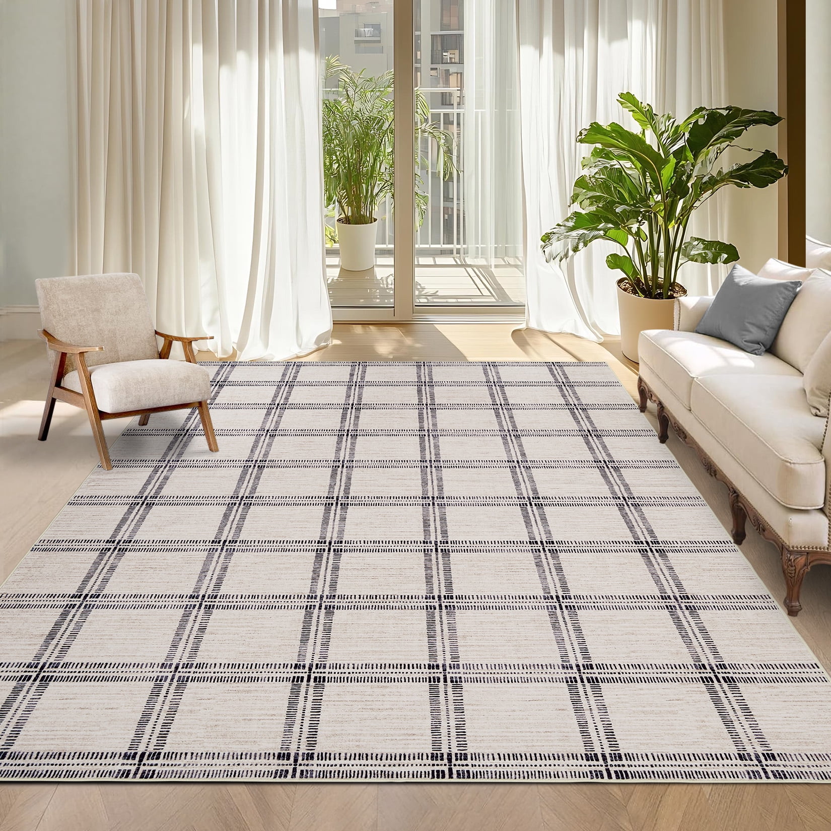Nasitip Modern Geometric Plaid Pattern Beige 9'x12' Area Rugs for Living Room Soft Low Pile Non-Sliping, Machine Washable
