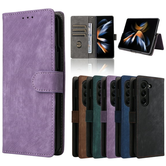 Leather Wallet Phone Shell for Samsung Galaxy Z Fold 5 5G 2023,Slim Lightweight Luxury Shockproof Card Slots Holder Wallet Phone Cover With Hand Strap for Samsung Z Fold 5 5G,Purple