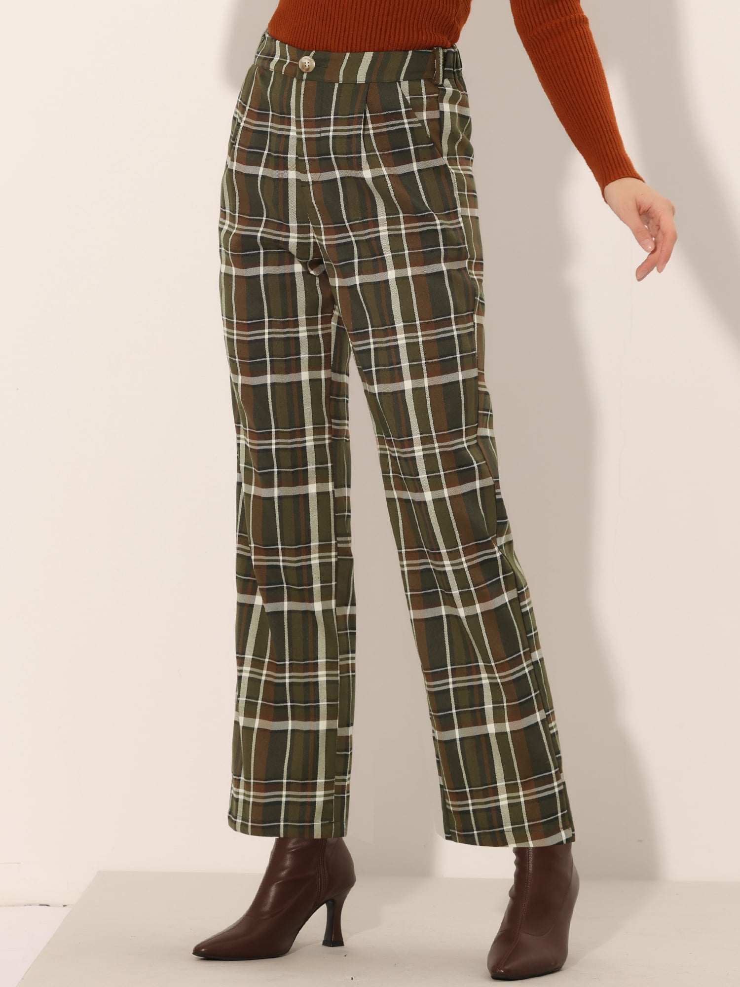 DARING DIVA Women's Plaid Trousers Pockets Straight Leg Casual Pant XS Army Green
