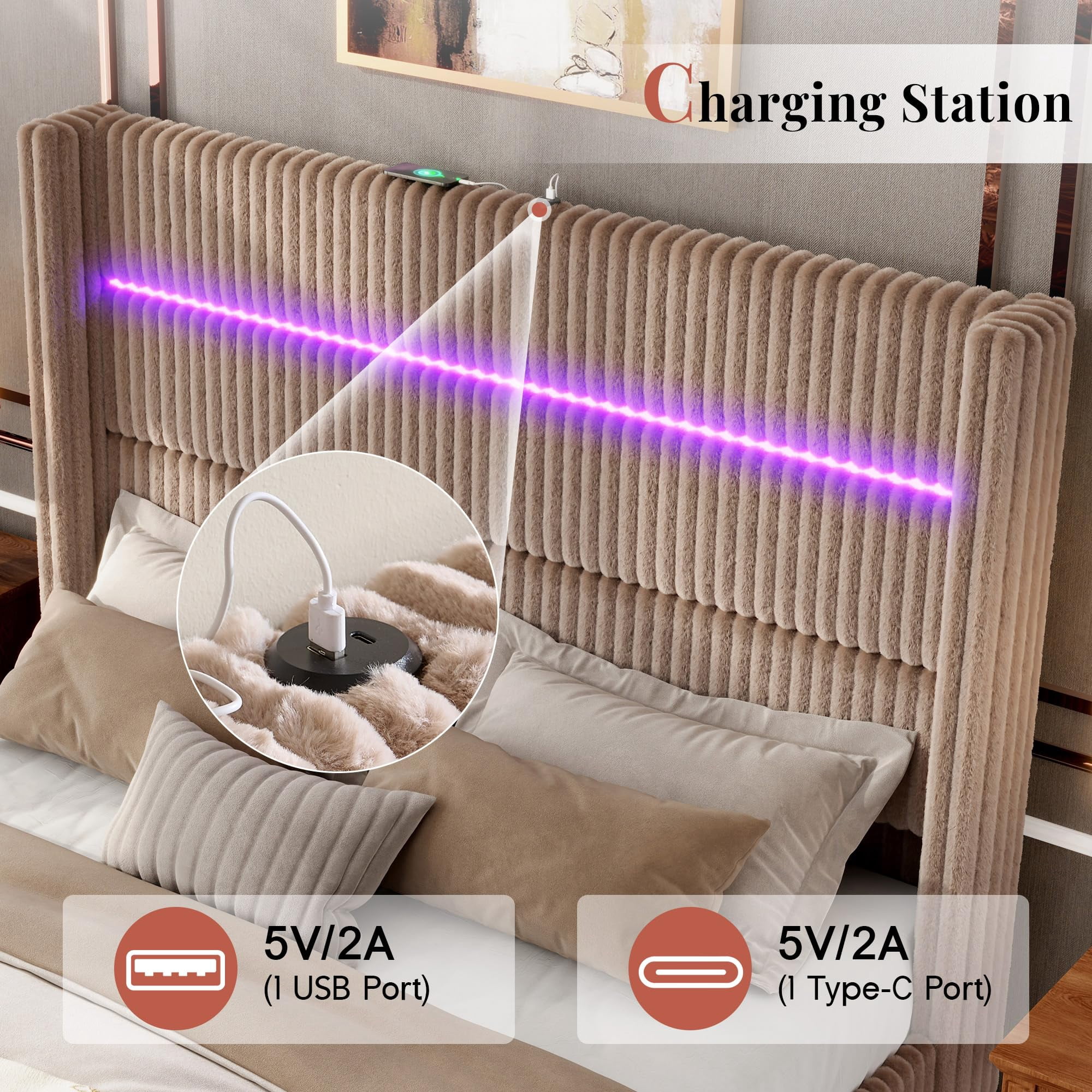 VanAcc 51.2" H Full Size LED Bed Frame, Corduroy Upholstered Platform Bed with 4 Storage Drawers & Charging Station Wingback Headboard, Dark Khaki