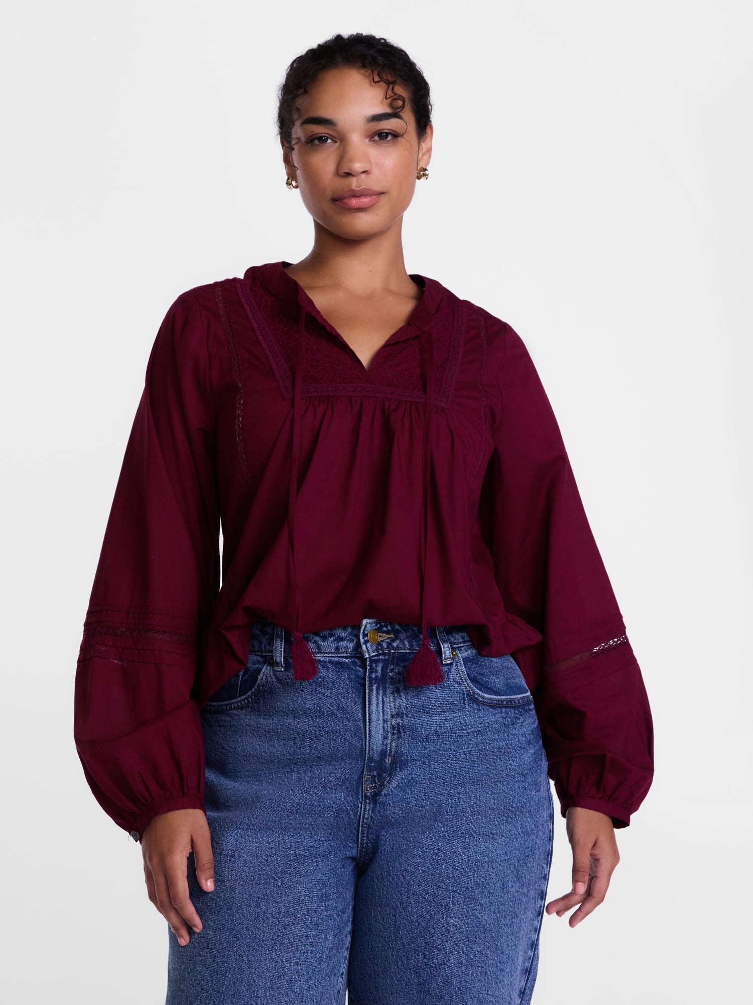 Scenario Women's and Women's Plus Embroidery Top with Lace Inserts, Sizes XS-4X