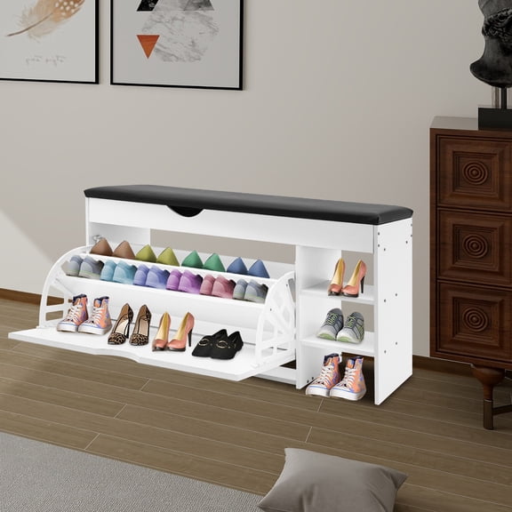 Free Standing Shoe Bench, Warm White Color Shoe Storage Bench with Seat, Shoe Bench for Entrance, Living Room, Hallway