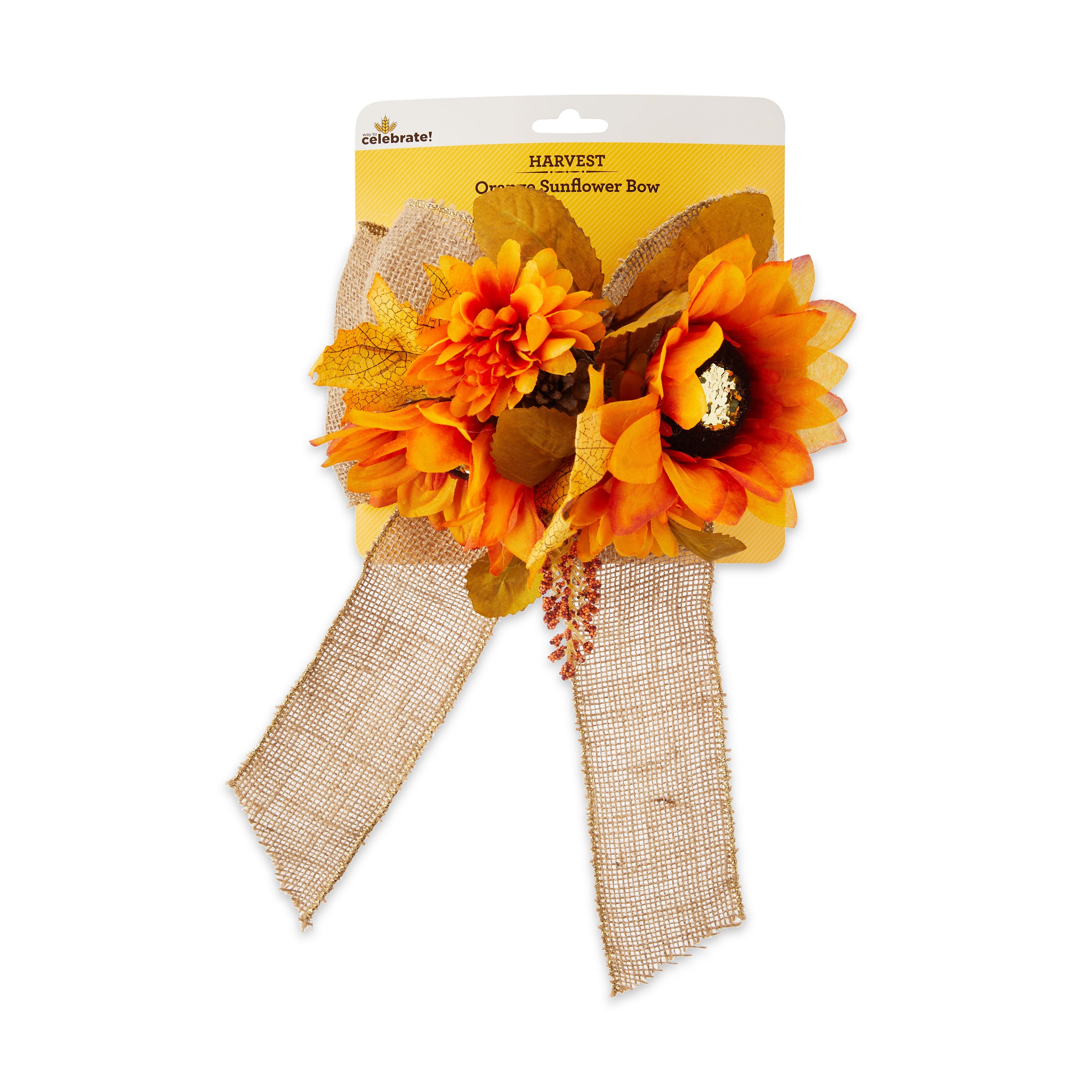 Way to Celebrate Floral Bow, Orange Artificial Sunflower with Glitter Center Harvest Decoration