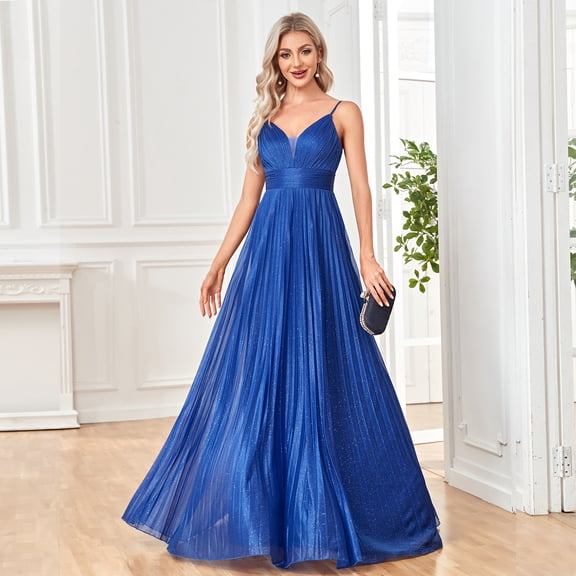 Sexy Backless Maxi Formal Dress for Women with Sequin, Sleeveless Pleated Evening Gowns for Wedding and Cocktail