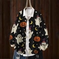 thumbnail image 3 of HAYIMI Women Sweater Halloween Pumpkin Ghost Print Button-Front Cardigan, Long Sleeve V-Neck Graphic Loose Fit Fall Knit Coat Tops, 3 of 3