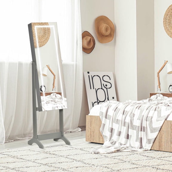 Resenkos Floor Standing Jewelry Cabinet - LED Light, Lockable Organizer with Full-Length Mirror, 4 Adjustable Angles, Grey