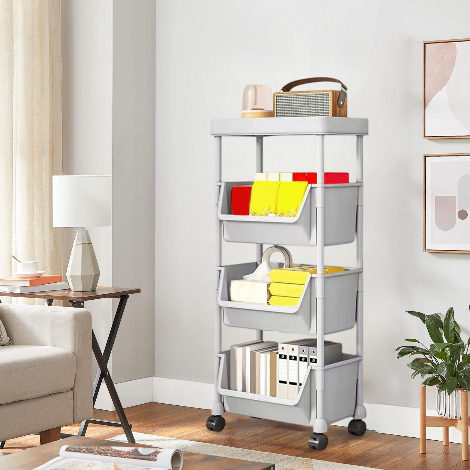 YZHMYR Mobile Under-Table Storage Cart with Wheels Multi-Tier Plastic Bookcase Rolling Organizer Rack Dorm Room Book Storage Kitchen Pantry Organization for Office Home Classroom Desk Storage Supply