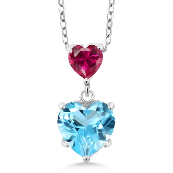 Gem Stone King 925 Sterling Silver Swiss Blue Topaz and Red Created Ruby Double Heart Pendant Necklace for Women (2.90 Cttw, Heart 8MM and 5MM, with 18 inch Silver Chain)