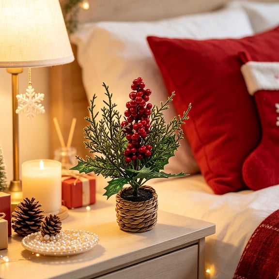 Artificial Christmas Potted Plants, Fake Plants Planter Pot, Small Xmas Trees Floral Arrangement Bonsai with Holly Leaves, Berries, Poinsettia & Pine Cones Ornaments for Home