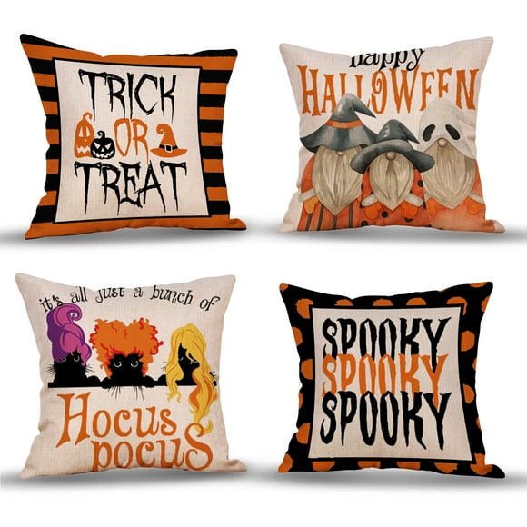 Atlas Amazing Halloween Decoration Pillow Covers - Cotton Linen Fabric Cases with Hidden Zippers & Printed Designs For 18x18 Throw Pillows For Couch And Sofa -Set of 4