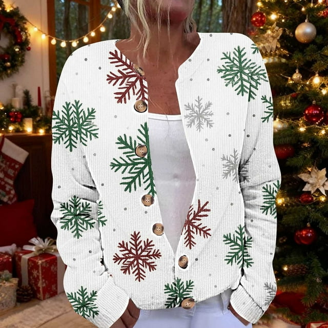 Ounisa Chandail Fair Isle pour Femmes à Boutons, Manches Longues, Sapin de Noël, Flocon de Neige, Cadeaux, Décorations, Cardigans Graphiques, Col Ras du Cou, Ouvert à l'Avant, Tricot, Manteaux de Chandail Vintage