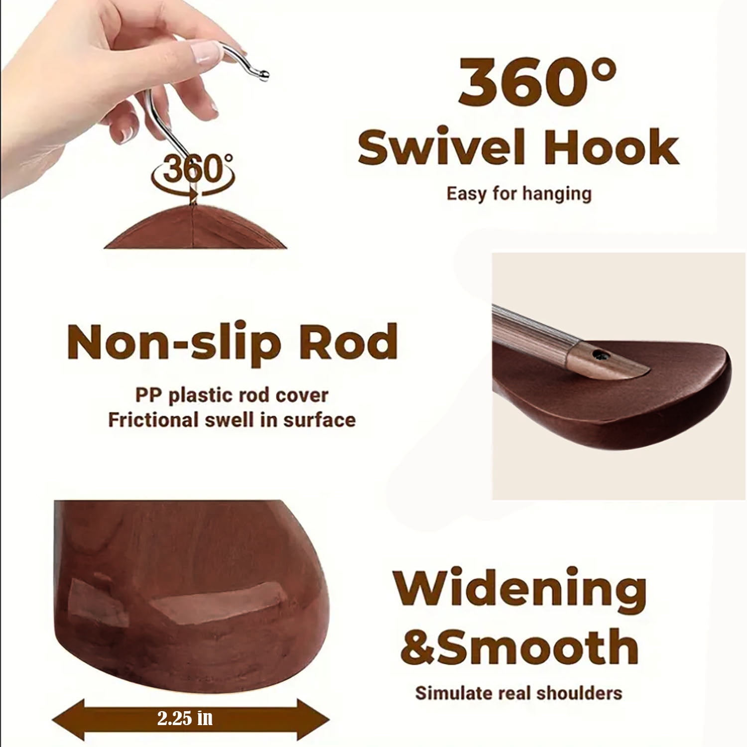 BagDream 8 Pack Wide Shoulder Wooden Hangers Coat Hangers with Non Slip Pants Bar, Solid Wood Jacket Clothes Hangers Smooth Finish for Sweater, Pants, Heavy Clothes, Walnut