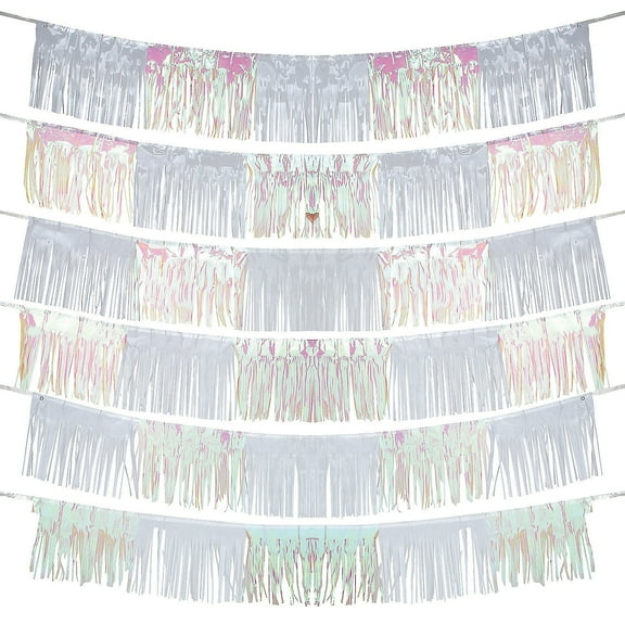 White & Iridescent Fringe Garland Backdrop, Party Decor, Party, 6 Pieces