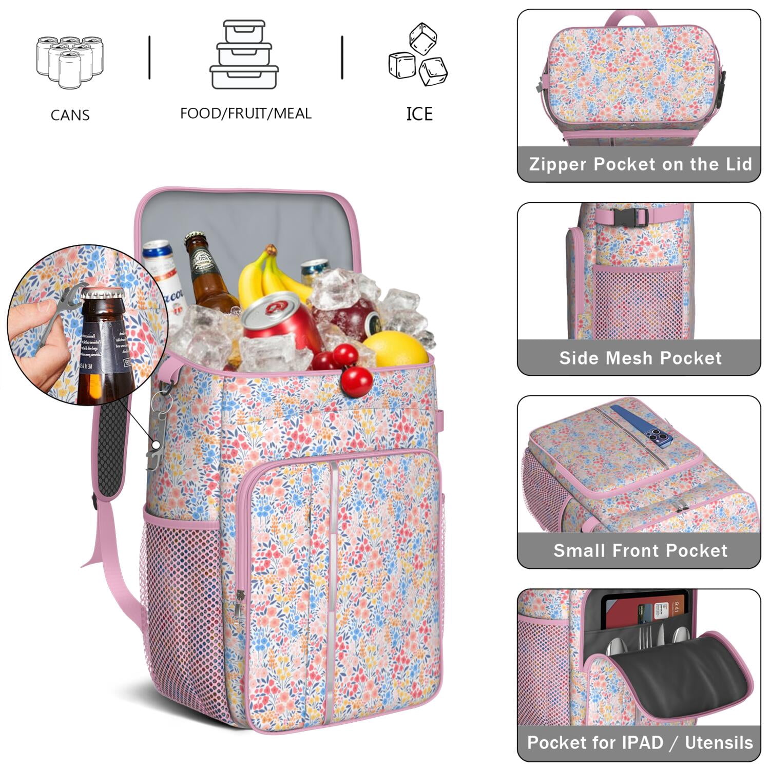Travel Cooler Bag - Boho Bohemia Flower Camping Beer Cooler Backpack with Bottle Opener- Waterproof Insulated Picnic Backpacks - Cooler Bag for Beach