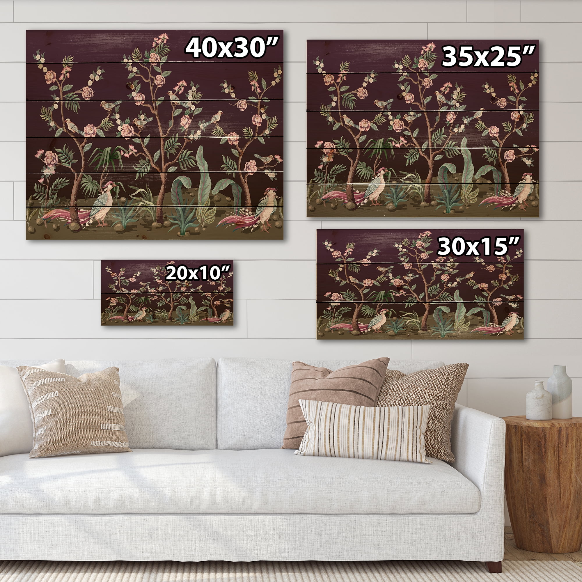 Designart 'Chinoiserie With Peonies and Birds I' Traditional Print on Natural Pine Wood
