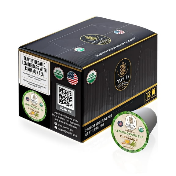 Organic Lemongrass and Cinnamon Tea Pods for Keurig Brewers by Teavity - Naturally Decaffeinated, 12 Tea Pods