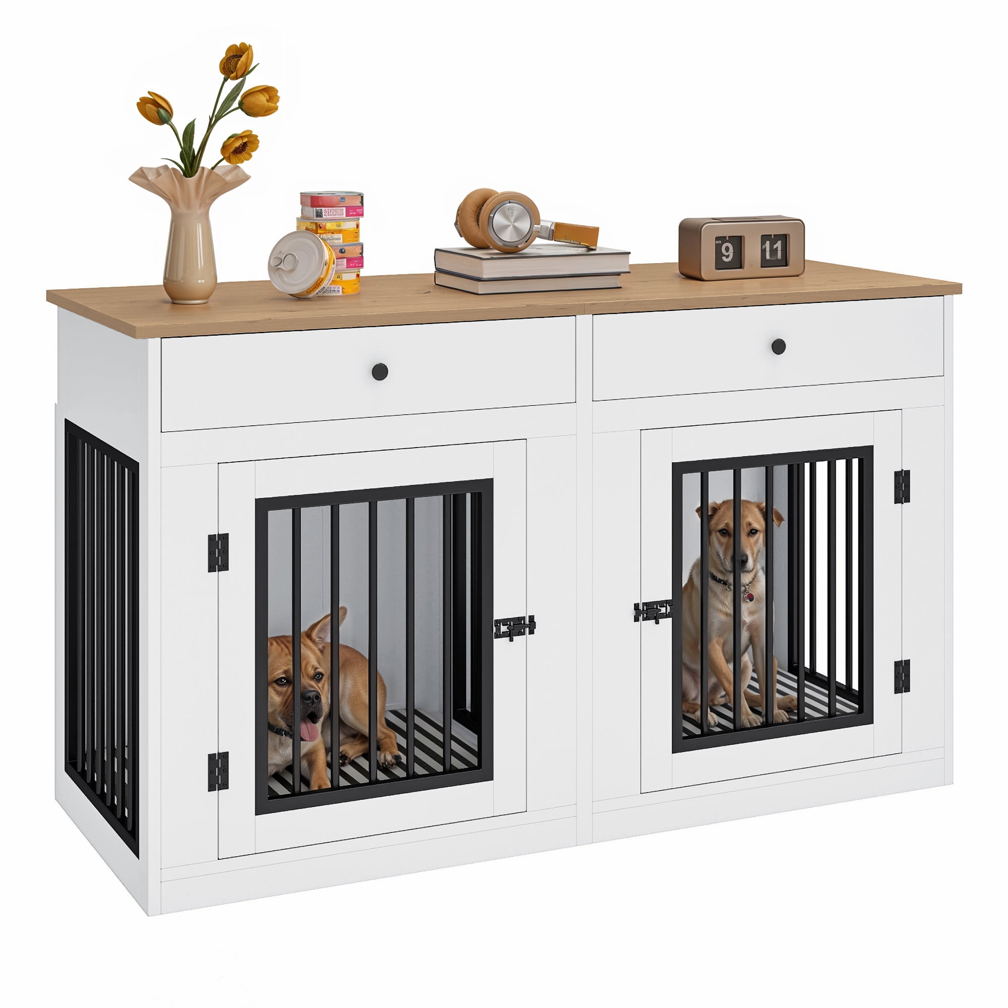 Dextrus 60" Large Double Door Dog Crate Furniture with Locks, Indoor Dog Cage Table with Removable Divider & 2 Storage Drawers, White